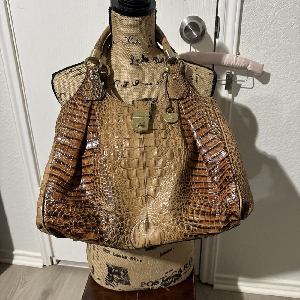 Brahmin Crocodile Embossed Brown Tan Leather Shoulder Bag Logo Gold Hardware